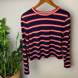 Red and White Striped Long Sleeve Half-Crop Top